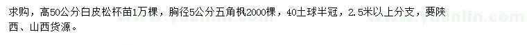 求购高50公分白皮松杯苗、胸径5公分五角枫