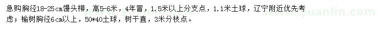 求购胸径18-25公分馒头柳，胸径6公分以上榆树