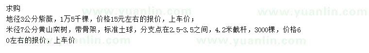 求购地径3公分紫薇、米径7公分黄山栾树