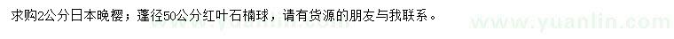 求购2公分日本晚樱、蓬径50公分红叶石楠球