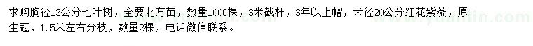 求购胸径13公分七叶树、米径20公分红花紫薇