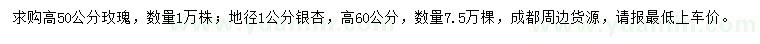 求购高50公分玫瑰、地径1公分银杏