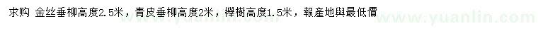 求购金丝垂柳、青皮垂柳、榉树