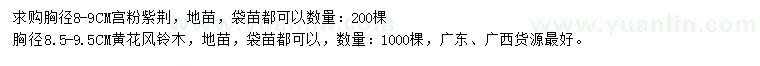 求购胸径8-9公分宫粉紫荆、胸径8.5-9.5公分黄花风铃木