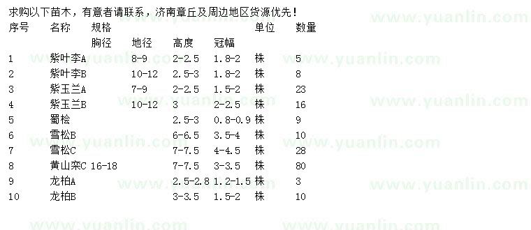 求购紫叶李、紫玉兰、蜀桧等