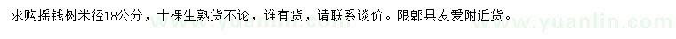 求购米径18公分摇钱树