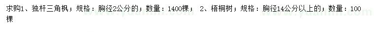 求购胸径2公分独杆三角枫、14公分以上梧桐