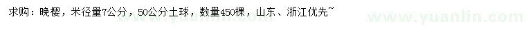 求购米径7公分晚樱