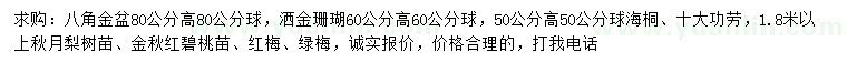 求购八角金盆、洒金珊瑚、海桐等