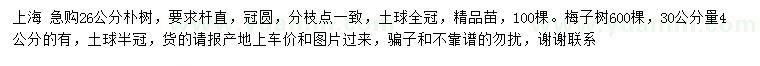 求购26公分朴树、30公分量4公分梅子树