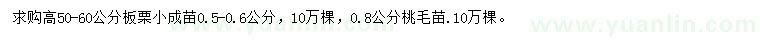 求购高50-60公分板栗小成苗、0.8公分桃毛苗