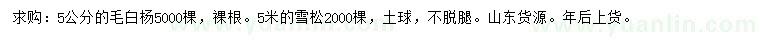 求购5公分毛白杨、5米雪松