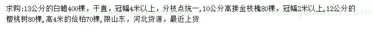 求购白蜡、高接金枝槐、樱桃树等