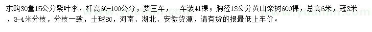 求购30量15公分紫叶李、胸径13公分黄山栾树