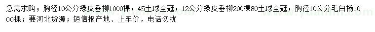 求购胸径10、12公分绿皮垂柳、10公分毛白杨