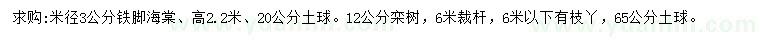 求购米径3公分铁脚海棠、12公分栾树