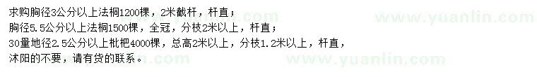 求购胸径3公分以上、5.5公分以上法桐、30量地径2.5公分以上枇杷