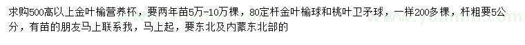 求购5公分金叶榆、桃叶卫矛