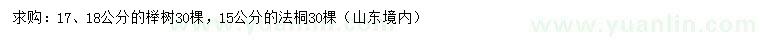 求购17、18公分榉树、15公分法桐