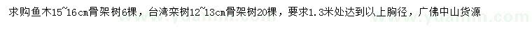 求购15-16公分鱼木、12-13公分台湾栾树