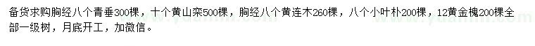 求购青垂柳、黄山栾树、黄连木等