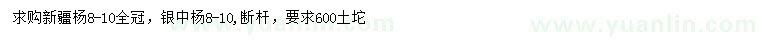 求购8-10公分新疆杨、银中杨