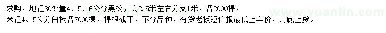 求购地径30处量4、5、6公分黑松、米径4、5公分白杨