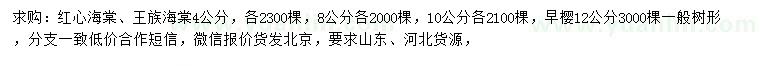 求购红心海棠、王族海棠、早樱