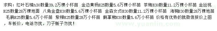 求购红叶石楠、金边黄杨、金丝桃等