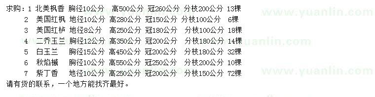 求购北美枫香、美国红枫、美国红栌等