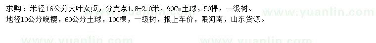 求购米径16公分大叶女贞、地径10公分晚樱