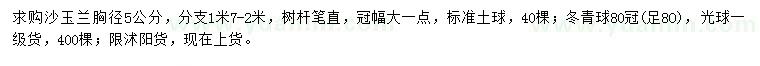 求购胸径5公分沙玉兰、冠80公分冬青球