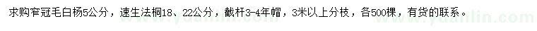 求购5公分窄冠毛白杨、18、22公分速生法桐