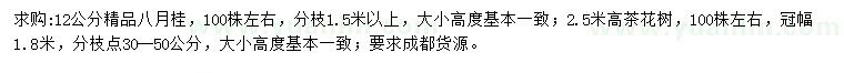 求购12公分八月桂、高2.5米茶花树