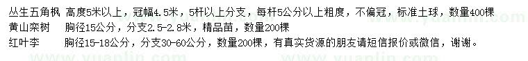 求购五角枫、黄山栾树、红叶李