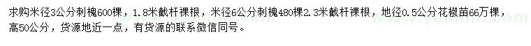 求购米径3、6公分刺槐、地径0.5公分花椒苗