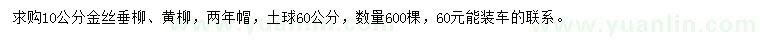 求购10公分金丝垂柳、黄柳