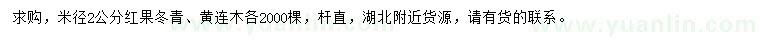 求购米径2公分红果冬青、黄连木