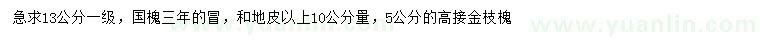 求购13公分国槐、10公分量5公分高接金枝槐