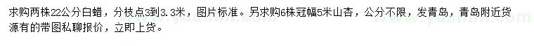 求购22公分白蜡、冠幅5米山杏