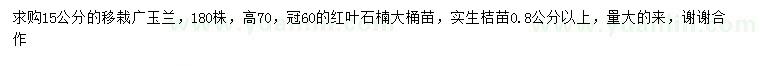 求购移栽广玉兰、红叶石楠、实生桔苗