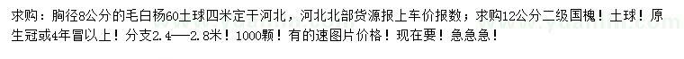 求购胸径8公分毛白杨、12公分国槐