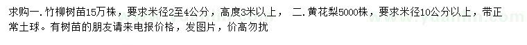 求购米径2-4公分竹柳树苗、10公分以上黄花梨