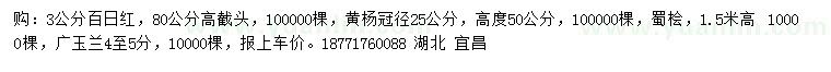 求购百日红、黄杨、蜀桧等