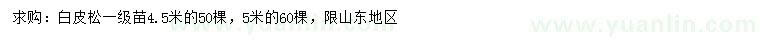 求购4.5、5米白皮松