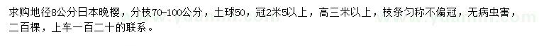 求购地径8公分日本晚樱