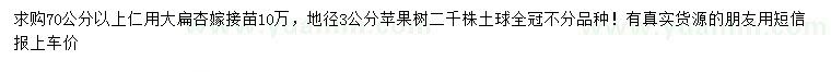 求购70公分以上仁用大扁杏、地径3公分苹果树