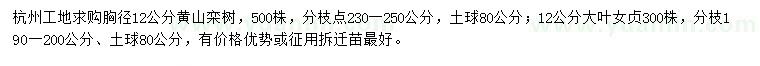 求购胸径12公分黄山栾树、大叶女贞