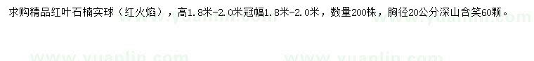 求购高1.8-2米精品红叶石楠实球（红火焰）、胸径20公分深山含笑