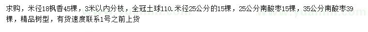 求购米径18、25公分枫香、25、35公分南酸枣